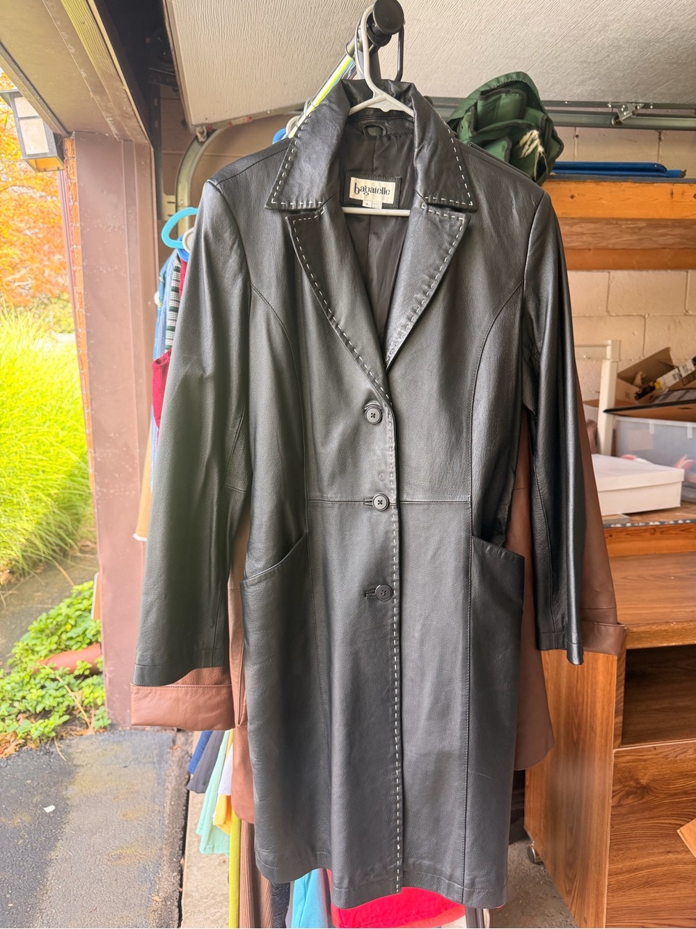 bagatelle Black Leather Long Coat with Stud Trim